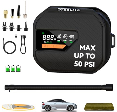 STEELITE Paddle Board Pump Portable, SUP Pump 50PSI High Pressure with Auto-Off, Dual Stage Inflation & Deflation for Stand Up Paddle Boards, Boat, Tent, Mattress