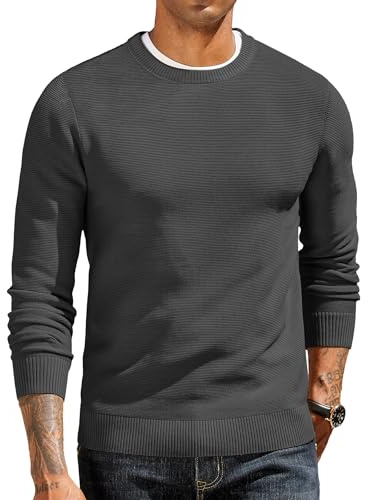COOFANDY Maglione Uomo Girocollo Pullover in Maglia a Manica Lunga Maglioni Classica Coste Maglione Basic Casual Sweater Felpa Uomo Girocollo Grigio Scuro M