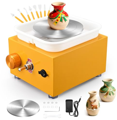 Tornio per ceramica,2000 Giri/min Tornio per Argilla con Strumenti di Modellatura e Vasca Rimovibile,Tornio Ceramica con Piastre da 10/6,5 cm per Bambini e Adulti Strumenti Artigianali Fa（Giallo）