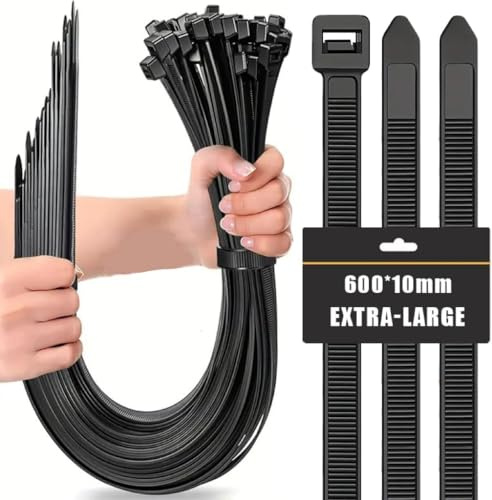 Caiery 100 fascette grandi lunghe 600 mm x 10 mm, resistenti ai raggi UV ultra forti con 120 kg di resistenza alla trazione, colore nero