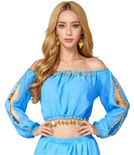 Baisdan Damen Bauchtanz Top Langarm Tanztop mit Münze Halloween Kostüm, Hellblau (ohne Pailletten), Einheitsgröße