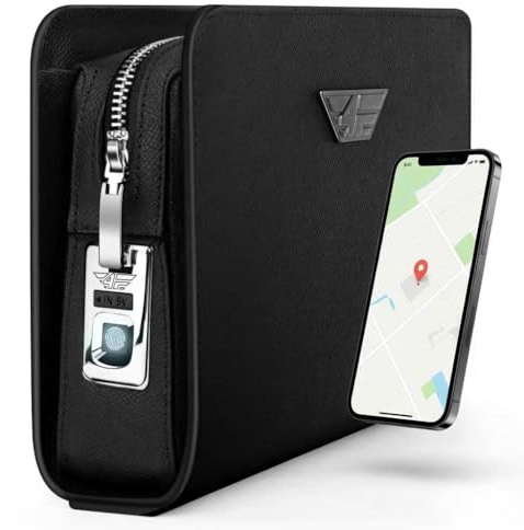4FLY Smart Bag Classic – Echtleder Herren Handtasche mit Fingerabdruck-Schloss & Apple „Wo ist?“ – Diebstahlsichere Clutch, Tech-Organizer & Reise-Etui (Schwarz) - Tasche Herren