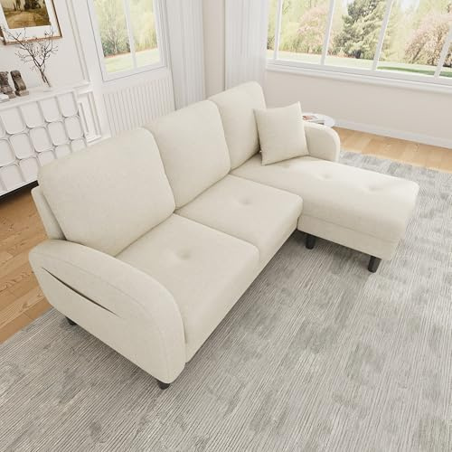 inliCare Canapé d’Angle en L 3 Places avec Méridienne Réversible, 166 x 118 x 77 cm – Canapé Modulaire en Tissu Côtelé, Pieds en Plastique, Idéal pour Salon, Appartement et Bureau (Beige)