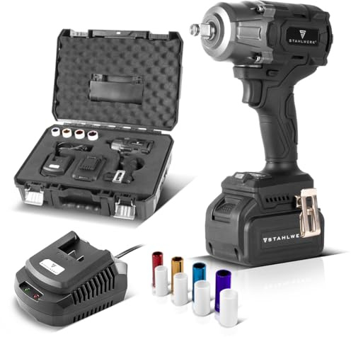 STAHLWERK Akku-Schlagschrauber (ADS-880 ST) – 20 V, 880 Nm, ½“ Zoll Aufnahme, 4 Schonnüsse 17-22 mm, löst festgerostete Radmuttern im KFZ und schwerste Verschraubungen im Stahlbau, Akku & Ladegerät