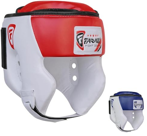 Farabi Sports huvudskydd med justerbart band, kickboxningshuvudskydd med öppen ansiktsdesign, boxningshjälm för MMA, Muay Thai, sparring, kampsport, karate, huvudskydd (XL, White/Red)