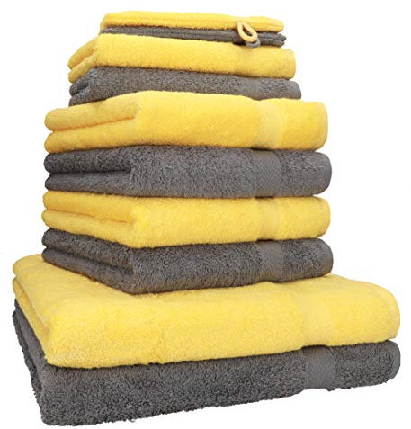 Betz Premium Frottier Handtuch-Set 10-teilig - 2X Duschtücher - 4X Handtücher - 2X Gästetücher - 2X Waschhandschuhe - Anthrazit Grau & Gelb