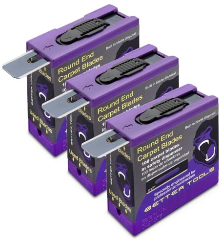 Better Tools 3G Extreme Round End Carpet Blade - 3 Packs - 100 blades/Pack - Professional 0.01” Thick Steel Replacement Blades with Safety Dispenser for Carpet Knives