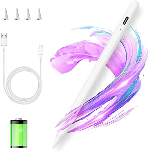 Penna touch per iPad,Stylus Pencil Compatibile con iPad 10/9/8/7/6 2018-2022,Mini 6/5,Air 4/3,Pro 11''/12,9'',11-inch A16/Air 11 M3/Air 13 M3,Penna capacitiva con 4 punte di sostituzione(Bianco)