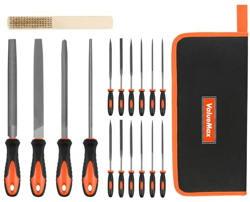 ValueMax Feilenset 17tlg. Holzfeile Set mit Tasche, 4 × 200 mm Feilen + 12 Nadelfeilen + Drahtbürste für Metall & Holz, T12-Stahl HRC 63–65, Ideal Feilensatz für Werkstatt, Heimwerken