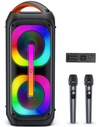 Karaoke Machine with 2 Wireless Microphones, 【Dual 60W 6.5Subwoofer & 400W Peak】Big Loud Bluetooth Party Speaker with Disco Lights, Portable PA System with TWS Stereo Sound & Deep Bass, Gift for All