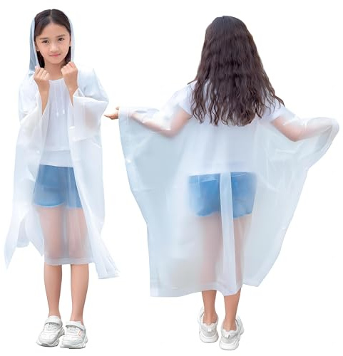 2 Pcs Poncho Niños, EVA Chubasquero Impermeables para Hombres/Mujeres, Capa de Lluvia con Capucha Chubasquero Niñas, Chaquetas de Lluvia Infantiles Reutilizable para Aire Libre (Blanco)