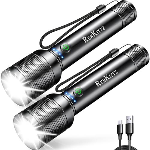 REHKITTZ Torch, LED Rechargeable Torches(Built-in Large Capacity Battery) 2200 Lumen Super Bright Flashlight with Power Display,Long Working Time,Aluminum Alloy,5 Light Modes,Zoomable Torch（2 Pack）