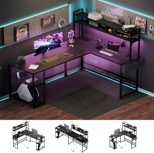 Flamaker L Shaped Gaming Desk with LED Lights & Power Strips, 120x160cm Reversible Corner Computer Desk with Storage Shelf and Hutch, Home Office Desk, Black