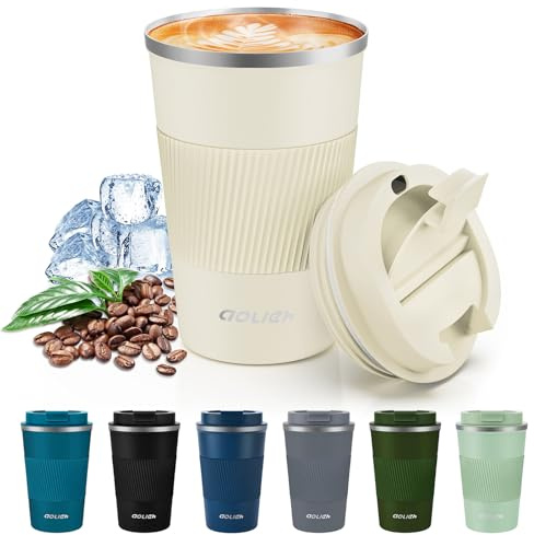 Aolieh Termosbägare 380 ml, kaffemugg To Go i rostfritt stål med läckagesäkert lock, dubbelväggig isolerad resemugg för kaffe och te och vatten, återanvändbar, sand