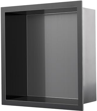 KINKIBOS Wall Niche Stainless Steel, No Tiles Required, Embedded Shower Niche 30 x 30 x 10 cm, Single Shelf Storage, Black