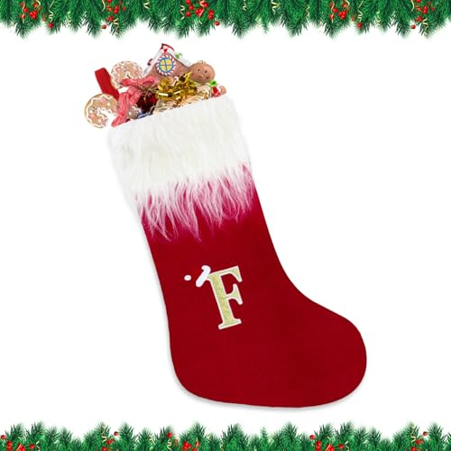 Alederways Calze di Natale, 56 cm, rosse con monogramma lavorato a maglia, calze ricamate personalizzate, calze natalizie in velluto lavorato a maglia, calze rosse da appendere al caminetto, per