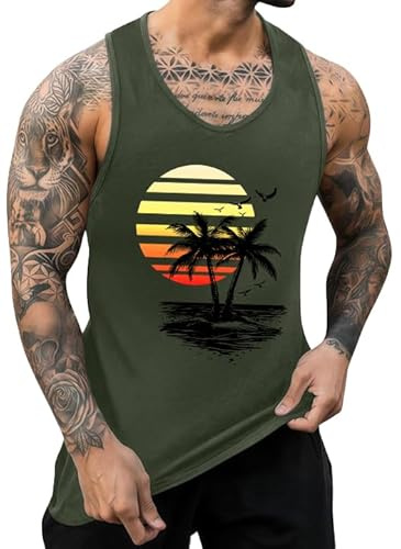 IWOLLENCE Chaleco de algodón para hombre, estampado hawaiano, cuello redondo, playa, vacaciones, casual, sin mangas, para hombre
