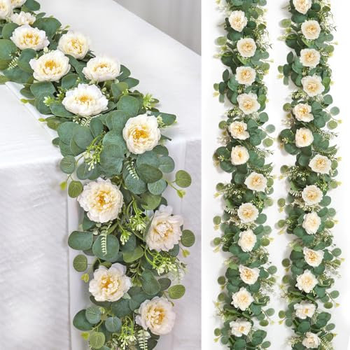 DEMIUKO 2 Stück Künstliche Blumengirlande Weiß Blumen Eukalyptus Girlande Deko Rosengirlande Seiden Hängepflanze Kunstblumen Pfingstrose Girlande Blumenranken für Hochzeit Tischdeko Party Garten Deko