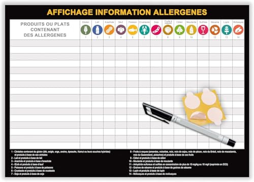 Panneau affichage allergènes boulangerie 2026 - Affichage allergene restaurant obligatoire - Information sur allergènes - A4 plastifié effaçable + feutre + pastilles adhésives (A4AllNoir)