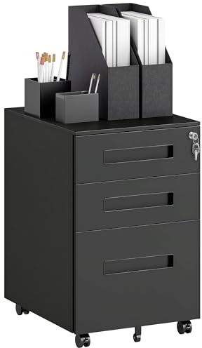 Vinsetto 3 Drawer Mobile File Cabinet, Metal Filing Cabinet with Lock and 5 Wheels for A4/Legal/Letter Sized Documents, Hanging File Folders, Pre-Assembled Body, 39 x 48 x 60 cm, Black