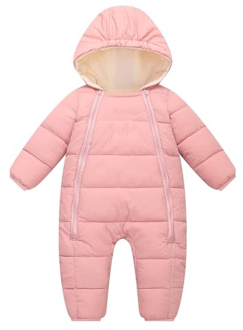 LAVIQK 0-24M Newborn Baby Girls Boys Snowsuit With Fold-Over Mittens and Footies Toddler Winter Coat Warm Hooded Snow Suit Infant Double Zipper Romper One Piece Puffer Coat