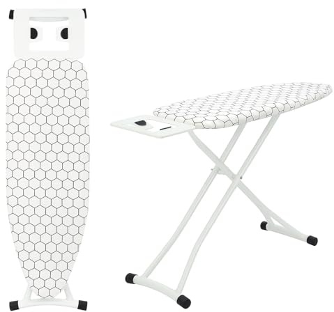 GREENSAPPIRE Ironing Boards 110x32cm Adjustable Heights Folding Ironing Board with 6 Heights (66–77cm), Lightweight Iron Board with Cotton Cover, Non-Slip Feet & Iron Rest (White Square)