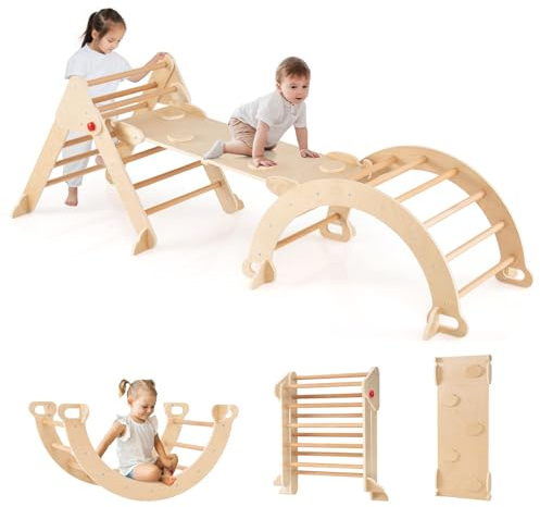 FANTASK Triángulo de Escalada 4 en 1 con tobogán, Arco de Escalada, Incluye rampa de Doble Cara, Estructura de Escalada de Madera para Escalada, toboganes y balancín, triángulo Montessori para a