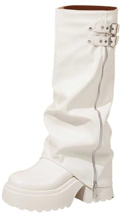 Generisch 2026 Botas altas hasta la rodilla de moda con puntera puntiaguda correas con hebilla, suela de plataforma gruesa para mayor comodidad en invierno, Blanco, 39 EU