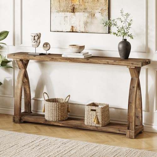 TRIBEWOOD Mesa Consola de 160 cm con Almacenamiento,Consola de Entrada de 2 Niveles Mesa Auxiliar de Pasillo para Salón, Pasillo, Estrecha, Marrón, 160x30x80 cm