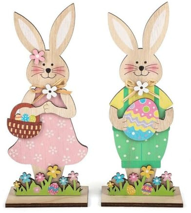PBAHAUP 2 Conejos de Pascua de Madera, Decoración Conejo de Pascua de Madera para Colocar en Set, Soporte Decorativo para Pascua y Jardín, Conejo Desmontable con Base