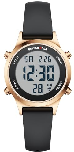 GOLDEN HOUR Waterproof Women's Digital Sports Watches with Silicone Strap, Alarm Calendar Stopwatch Chronograph 32mm Rose Gold Case in Black Band