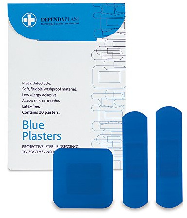 Dependaplast Food Area Blue Plasters with High Visibility and Metal Detection Properties, Easily Detectable, Individually Wrapped - Assorted Wallet of 20