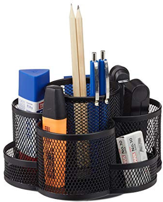 Relaxdays Stiftehalter, Metallgeflecht, 7 Fächer, drehbar, rund, kompakt, für Büro, Stiftebox f. Pinsel, Schere, schwarz