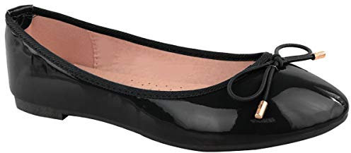 Womens Flat Black Pumps Ladies Girls Dolly Dollie Ballet Ballerina Work Smart Office Formal Comfort Bow Round Toe Slip On Flats Shoes 7 UK