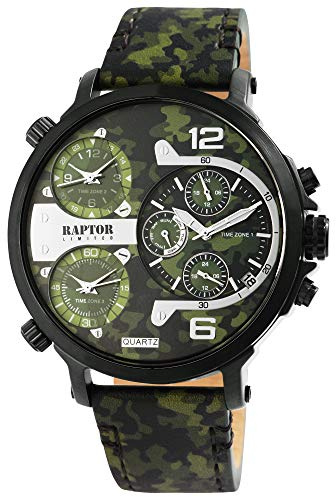 Raptor Limited Herren-Uhr Leder Armbanduhr grün Camouflage 3 Zeitzonen Datums-/ Wochentaganzeige 24 Std. Tachymeter