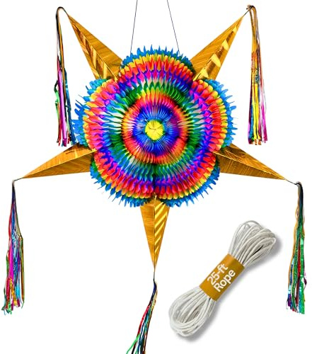 Mexican Pinata with Gold Cones (32 inches), Cinco de Mayo Piñata, Large Pinata for Adults, Birthday Party Piñata, 25-ft Rope Included (TexMex Fun Stuff)
