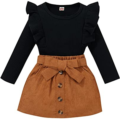 Geagodelia Ensemble de Vêtements Bébé Fille Enfant 2PCS Jupe à Boutons et Haut Pull Manches Longues en Tricot Côtelé à Volants Tenue Set Chic d 'Automne Hiver