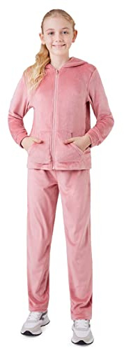 CityComfort Girls Tracksuit Set, 2 Piece Velour Hoodie and Tracksuit Bottoms Lounge Set (Pink, 9-10 Years)