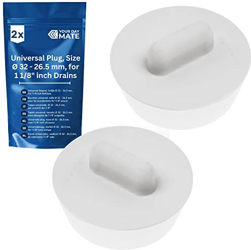 Tapón Universal, 2 Piezas, en Blanco, Ø 32 sobre 26,5 mm Arriba Abajo, tapón de desagüe de Goma para Tapas de válvulas de 1 1/8 Pulgadas, tapón de desagüe de Lavabo, tapón de Lavabo, tapón de bañera