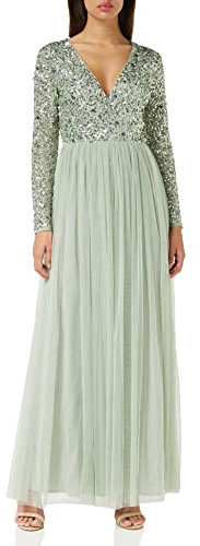 Maya Deluxe Damen Ladies Maxi Dress for Women with Long Sleeves V Neckline Plunging Sequin Embellished for Wedding Guest Bridesmaid Prom Kleid, Green Lily'' 42
