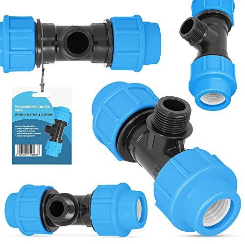 PE Compresión Tee Conector Acoplamiento PN16 25 x Macho 3/4'' x 25mm Joiner para Agua Tuberías Polietileno Sistemas Riego Conexión Universal