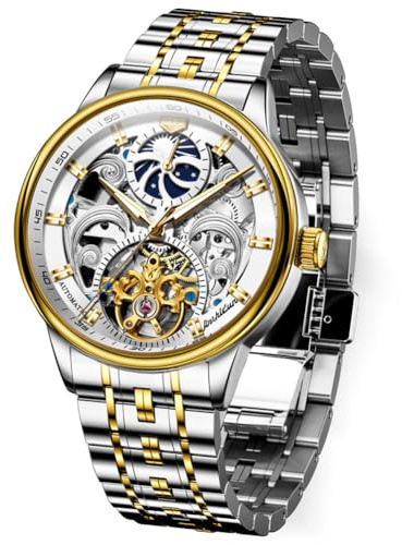 OLEVS Reloj de pulsera de esqueleto para hombre, de lujo, de cuero negro, plateado, dorado, Tourbillon, fase lunar, automático, mecánico, impermeable, luminoso, Dorado plata, Reloj de vestir