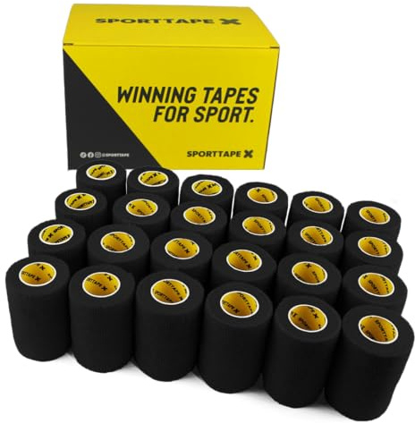 SPORTTAPE Self-Adhesive Cohesive Bandage, 24 Rolls - 7.5cm x 4.5m, Black | Compression & Vet Wrap for Dogs, Horses, Sports Stretch Tape for Football, Ankles, Joints, Fingers, Wrists & Sock Tape