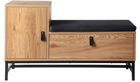 Calicosy - Banc Chaussures - Décor Chêne - Panneaux Particules - Piétement Métal - Poignées Effet Cuir - Tissu Polyester - 2 Rangements Fermés - Entrée, Dressing - Industriel - L 100 x P 38 x H 47 cm