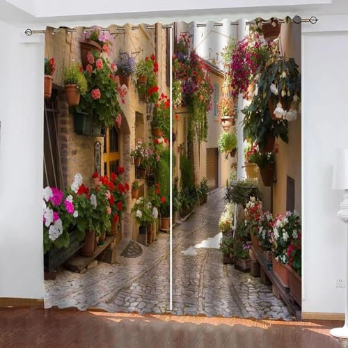IKDZCM Verdunkelungsvorhänge, 3D-Muster, Motiv: kleine Stadt, Straßenbild, Junge, Fenstervorhänge für Wohnzimmer, Kinderschlafzimmer, Heimdekoration, Vorhangpaneele WxH/2x70x210cm gardinen Blickdicht