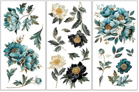 OLYCRAFT Set da 3 pezzi di adesivi per mobili e artigianato, 15 x 30 cm, fiori dorati, adesivi trasferibili con peonia strofina su decalcomanie per mobili in legno scrapbooking decorazioni per la casa