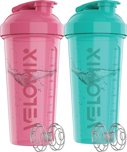 VELOMIX -2 Pack- 28 oz Protein Shaker Bottles for Protein Mixes - 2x Wire Whisk | Leak Proof Shaker Cups for Protein Shakes | Protein Shaker Bottle Pack (Pink/Turquise)