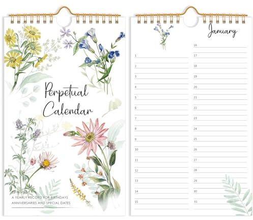 v2croft Perpetual Calendar, 6 x 10 Undated Wall Hanging Monthly Planner for Important Dates, Birthdays & Anniversaries, Floral Design for Office & Family (12 Sheets)