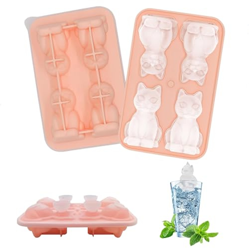 4 Silikon Eiswürfelform Katzen, Niedliche 3D -Whiskey-Eisform, Formen Niedliches Katze Eiswürfelform, Katze Eisform Mit Trichterdeckel Für Eis,Whiskey,Cocktails,Eiskaffee,Saft (Rosa).