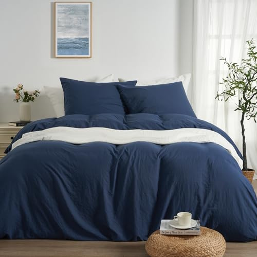 Duvetnova Copripiumino Matrimoniale 200x220 Blu Navy, Microfibra Prelavata Super Morbida Effetto Cotone, Certificazione OEKO-TEX, 1 Copripiumino 200x220 + 2 Federe 80x80 cm